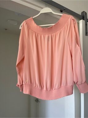 Thalia Sodi Smocked Neck Blouson Top — Coral Pink